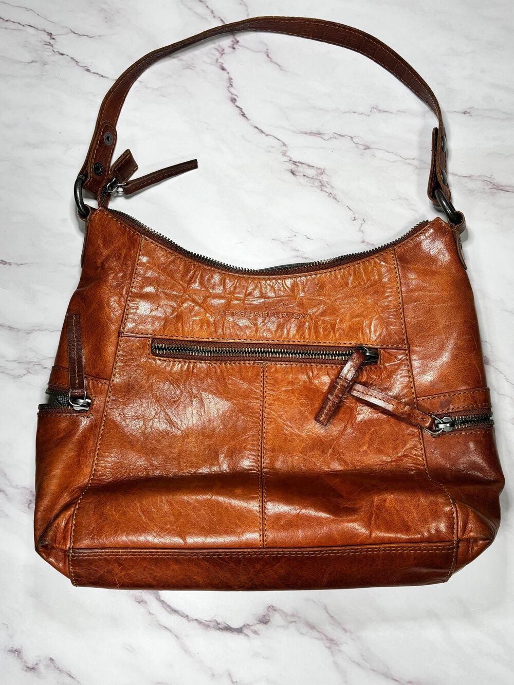 SPIKES & SPARROW Cognac Tan Brown Distressed Leather Shoulder Bag Purse Handbag